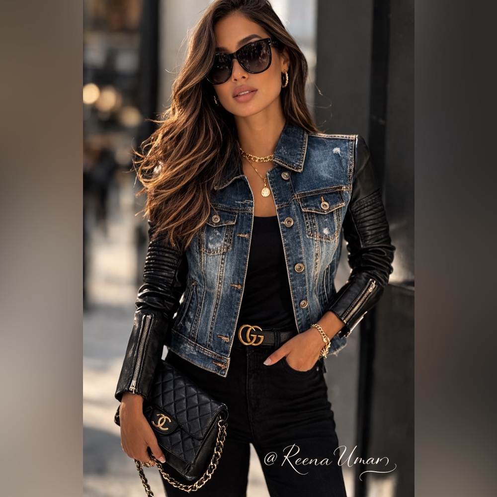 BCBGMAXAZRIA “Nikki” Denim & Faux Leather Jacket – Size XS